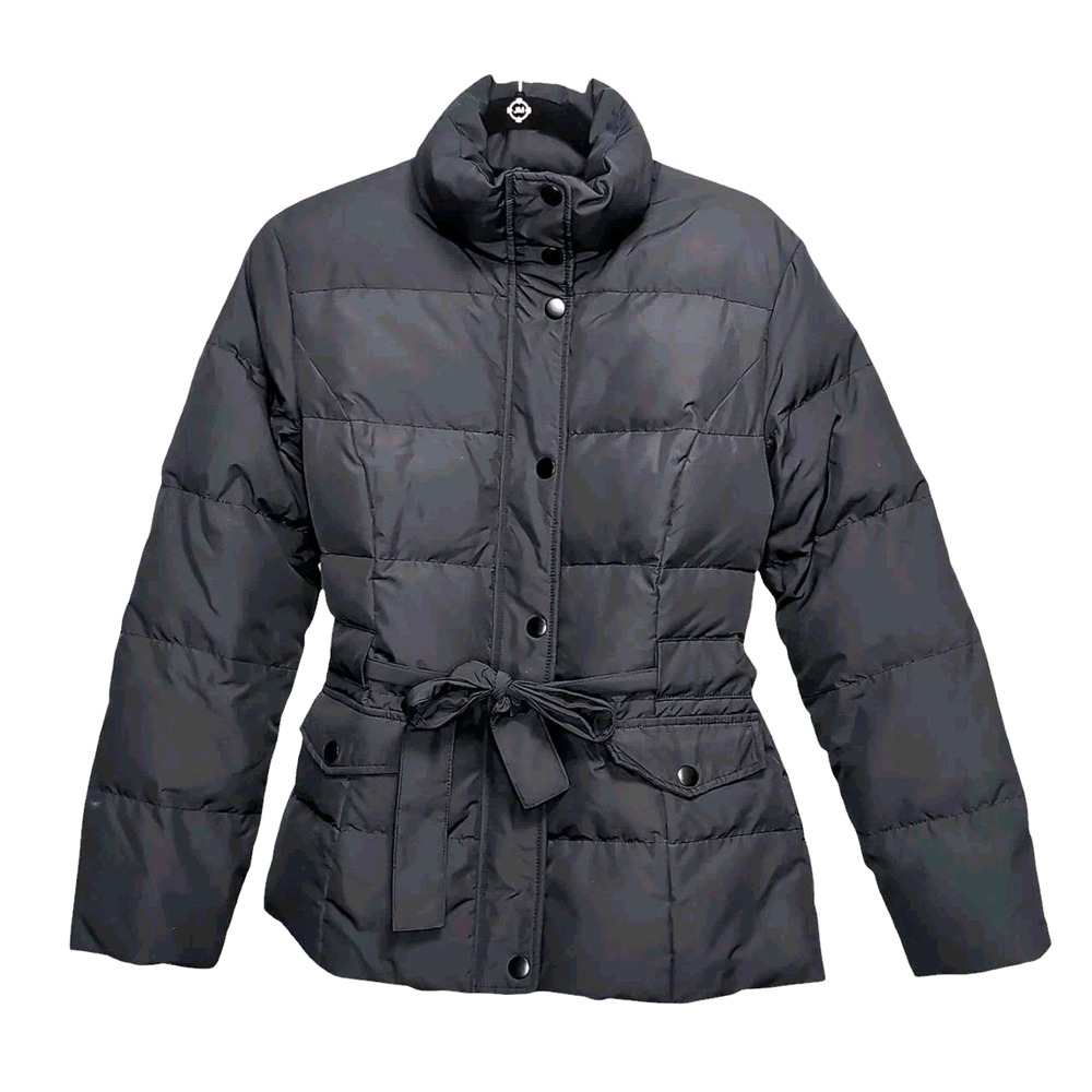 GARNET HILL Puffer Jacket Womens Size 4 S Black Down Feather Hip Length Belted‎
